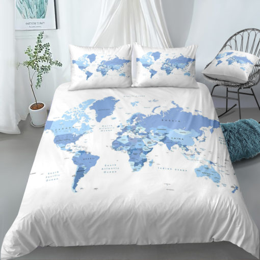 Trang0306147 WHITE SHOWER CURTAIN SPECIAL CUSTOM DESIGN UNIQUE GIFT HOME DECOR BLUE WORLD MAP